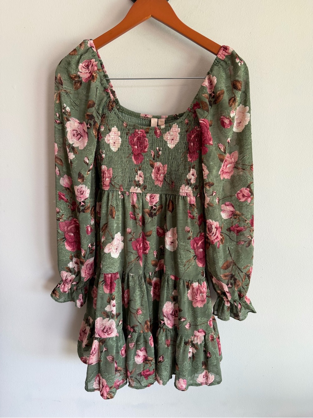 Green Floral Smocked Long‎ Sleeve Mini Dress